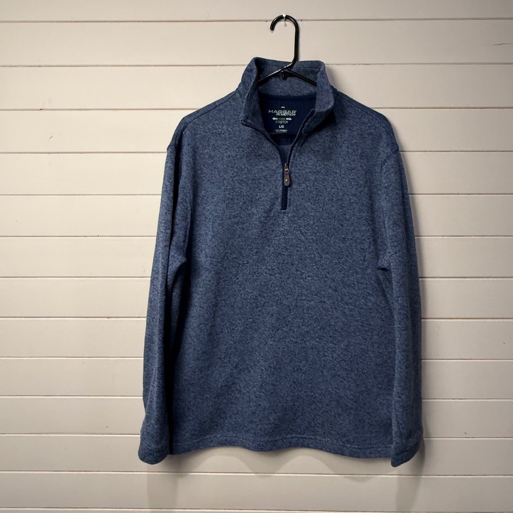 Haggar In Motion Mens Blue Heathered‎ Quarter Zip Stretch Pullover Sweater Large